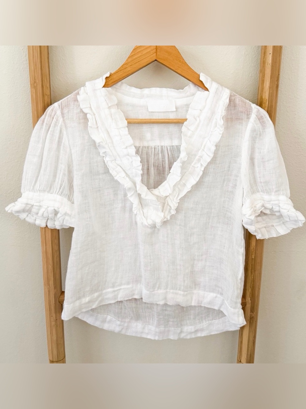Nicole Farhi 100% Linen White Ruffle V-Neck Blouse Top Women’s Size US 4